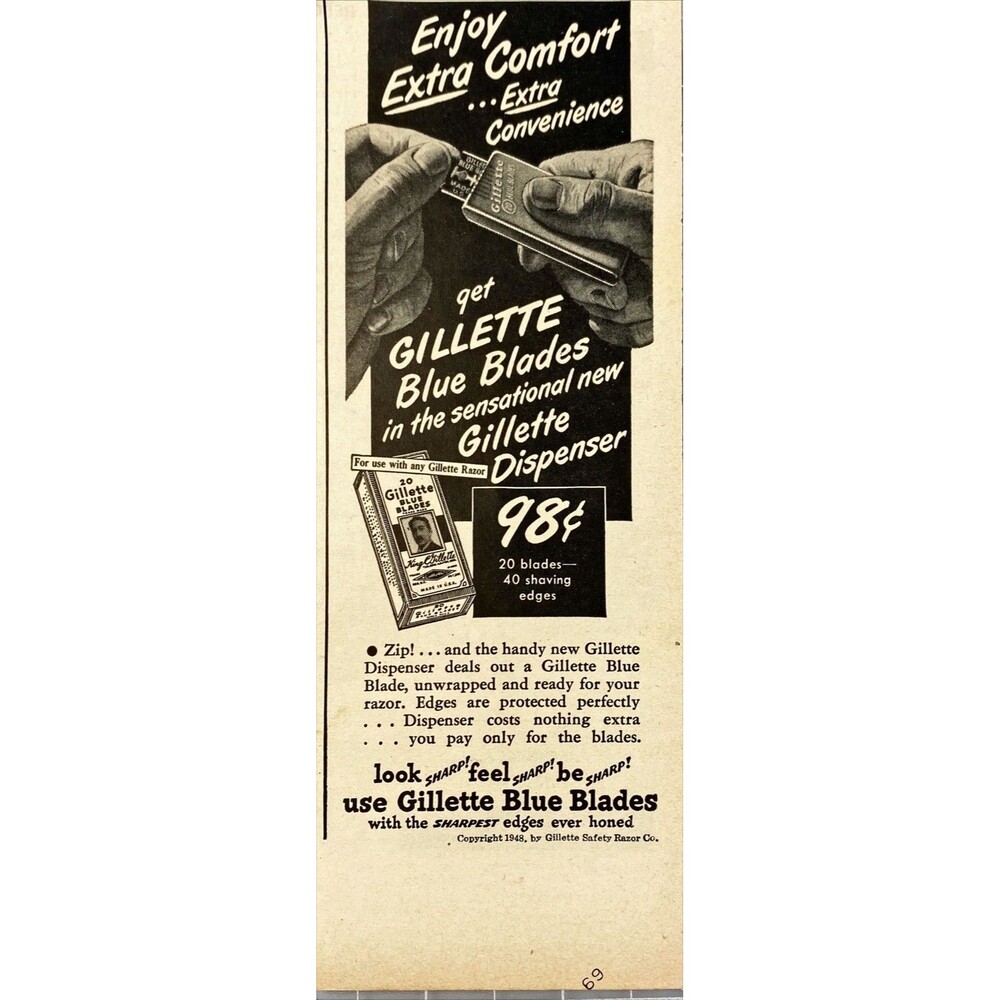 Gillette Blue Blades "in the new Gillette Dispenser" Vintage Print Ad 1948